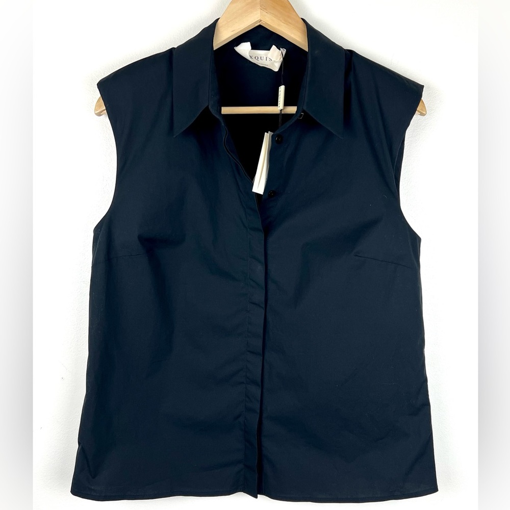 Exquise Black Sleeveless Poplin Padded Shoulder Button Down Top